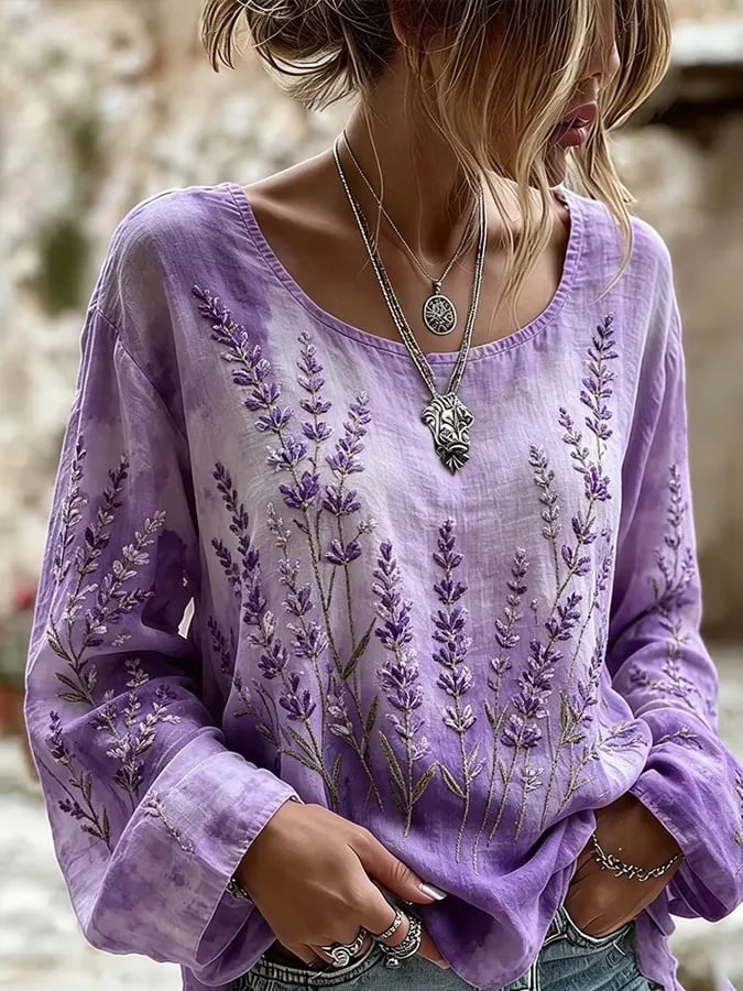 Women's Linen-Cotton Floral Casual Top