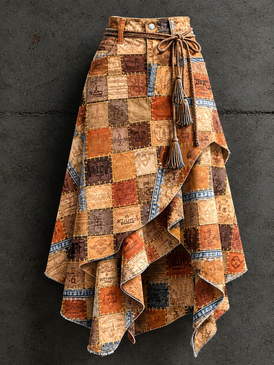 Women's Retro Style Art Print Irregularly Layered Stitched Skirt