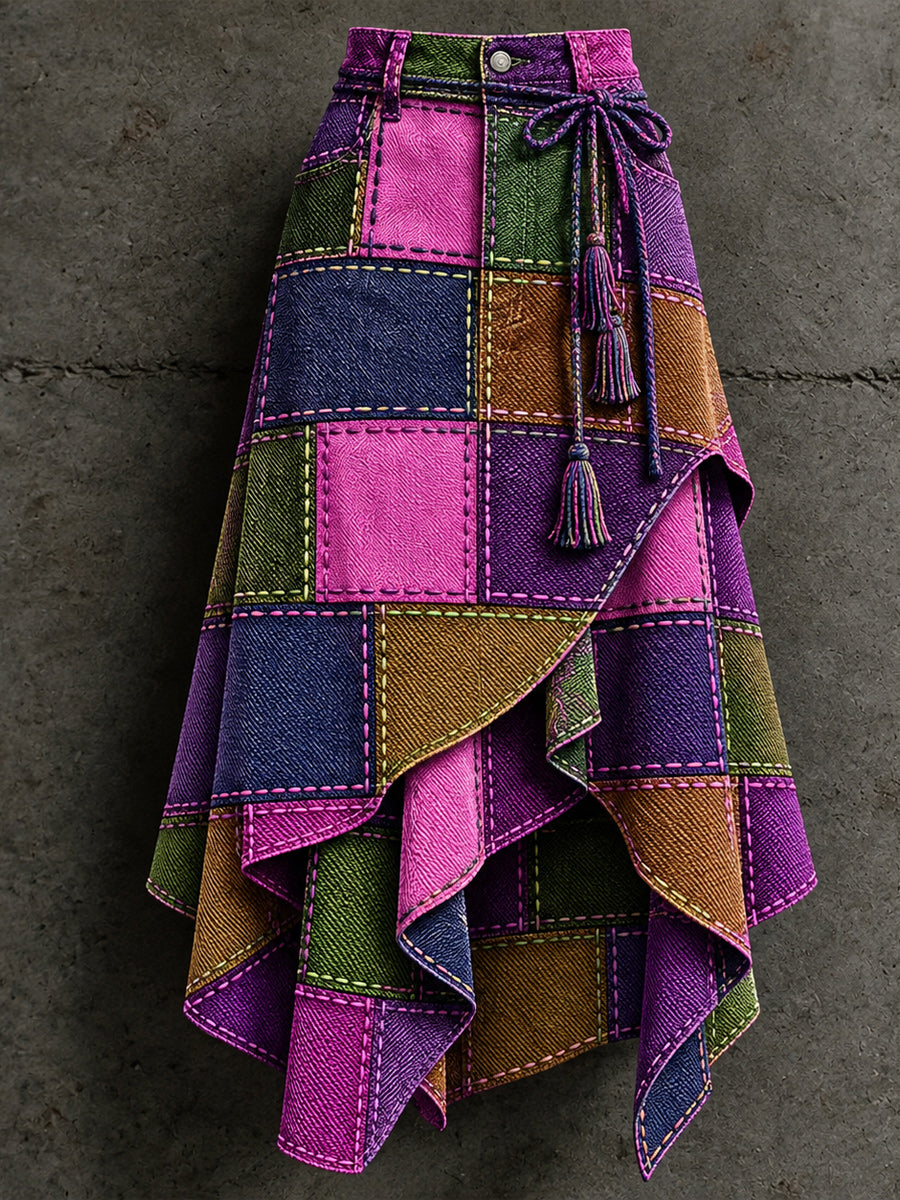 Women's Retro Style Art Print Irregularly Layered Stitched Skirt