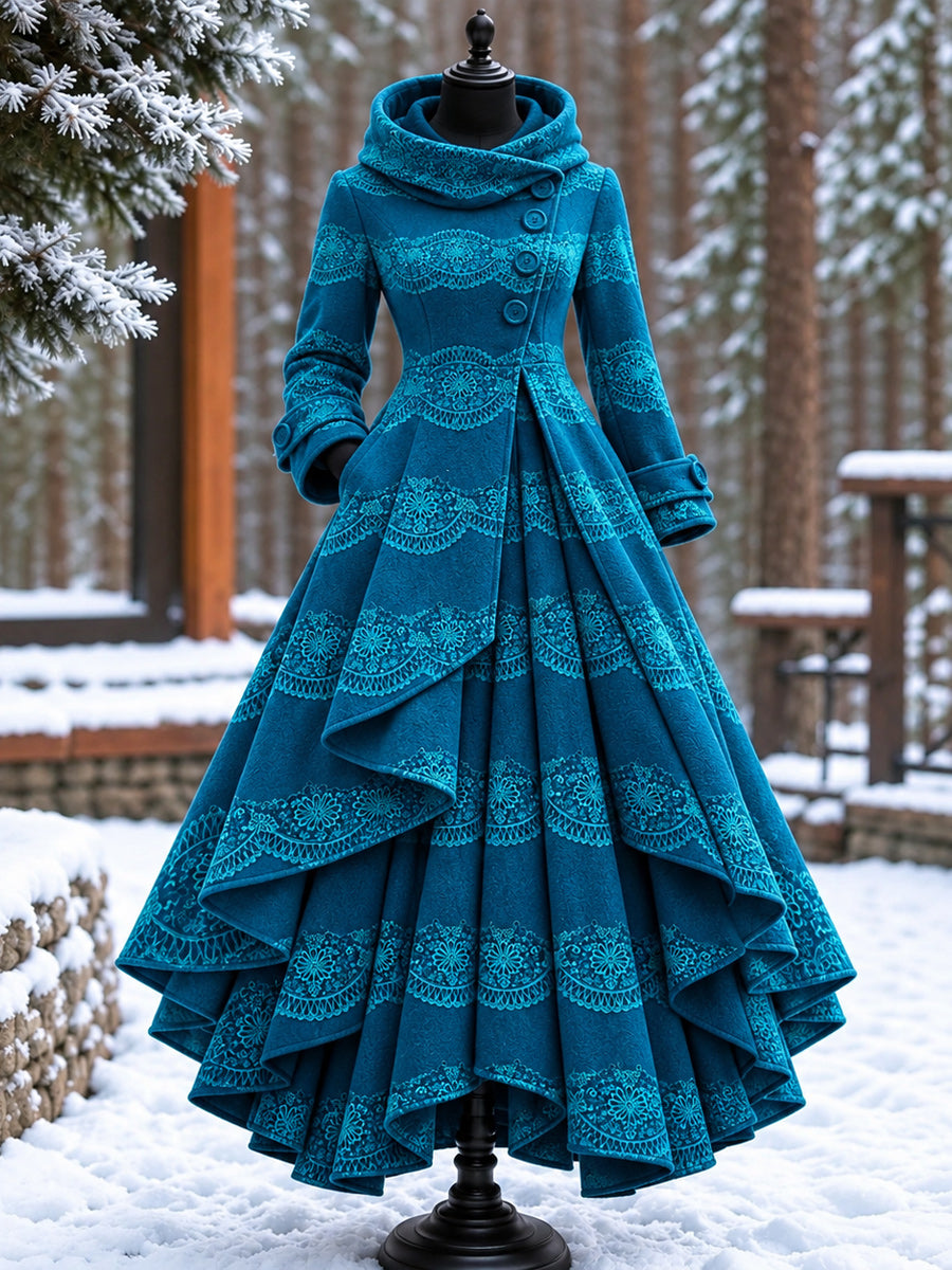 Women’s Vintage High-Collar Asymmetrical Double-Layer Hem Long Maxi Coat