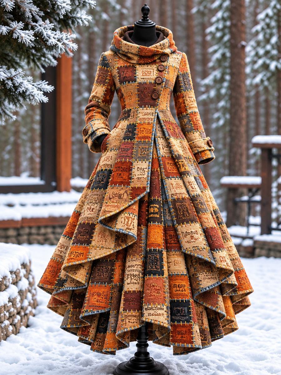Women’s Vintage High-Collar Asymmetrical Double-Layer Hem Long Maxi Coat