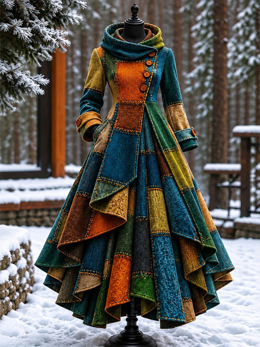 Women’s Vintage High-Collar Asymmetrical Double-Layer Hem Long Maxi Coat