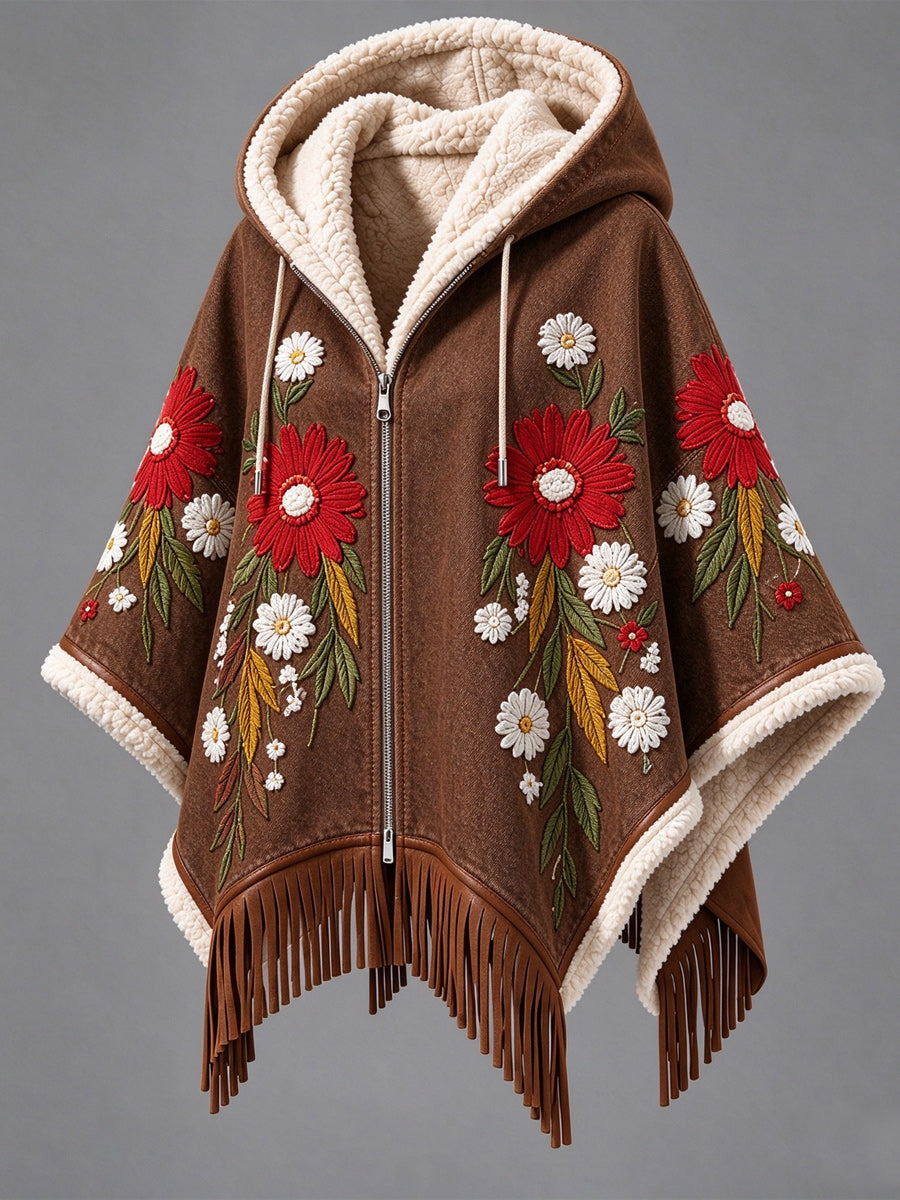 Women's Fall Winter Vintage Art Fleece-Lined Hooded Fringe Poncho