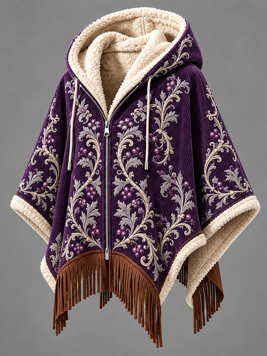 Women's Fall Winter Vintage Art Fleece-Lined Hooded Fringe Poncho