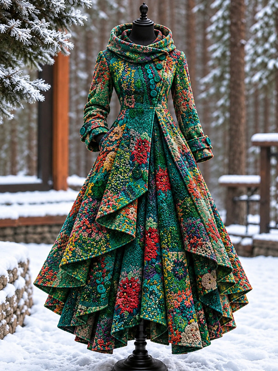 Women’s Vintage High-Collar Asymmetrical Double-Layer Hem Long Maxi Coat