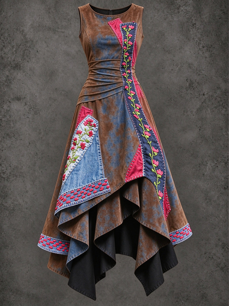 Retro Art Printed Vintage Sleeveless Irregularly Layered Stitched Midi Dress