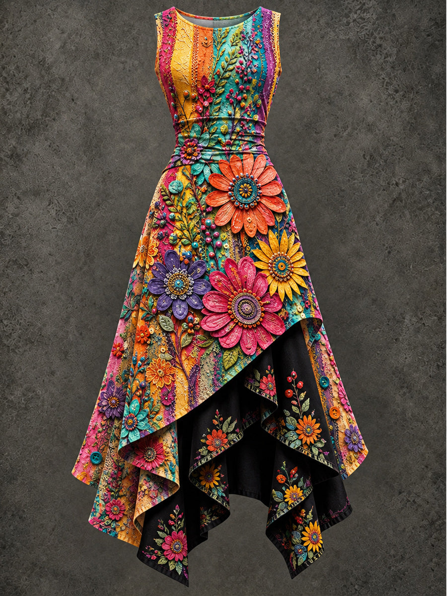 Retro Art Printed Vintage Sleeveless Irregularly Layered Stitched Midi Dress