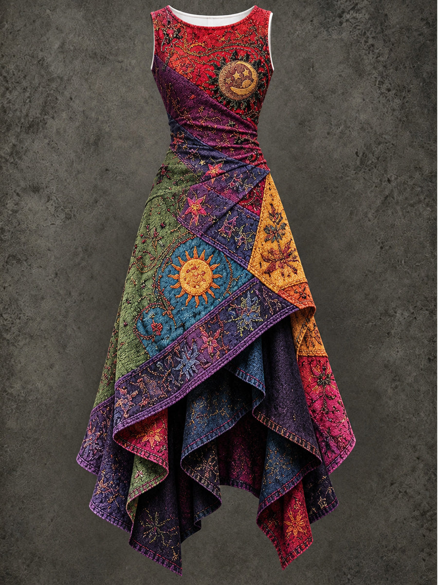 Retro Art Printed Vintage Sleeveless Irregularly Layered Stitched Midi Dress
