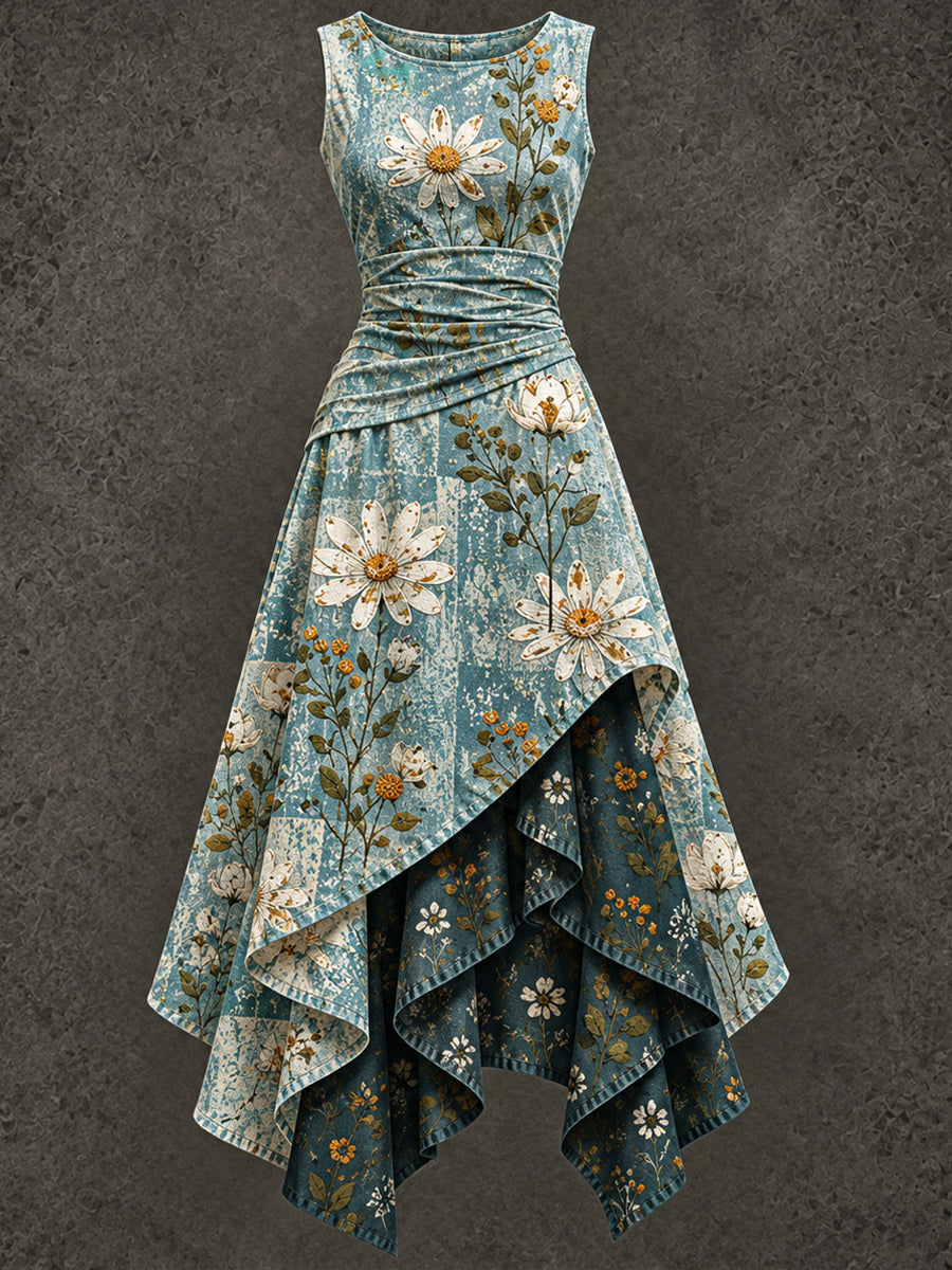 Retro Art Printed Vintage Sleeveless Irregularly Layered Stitched Midi Dress