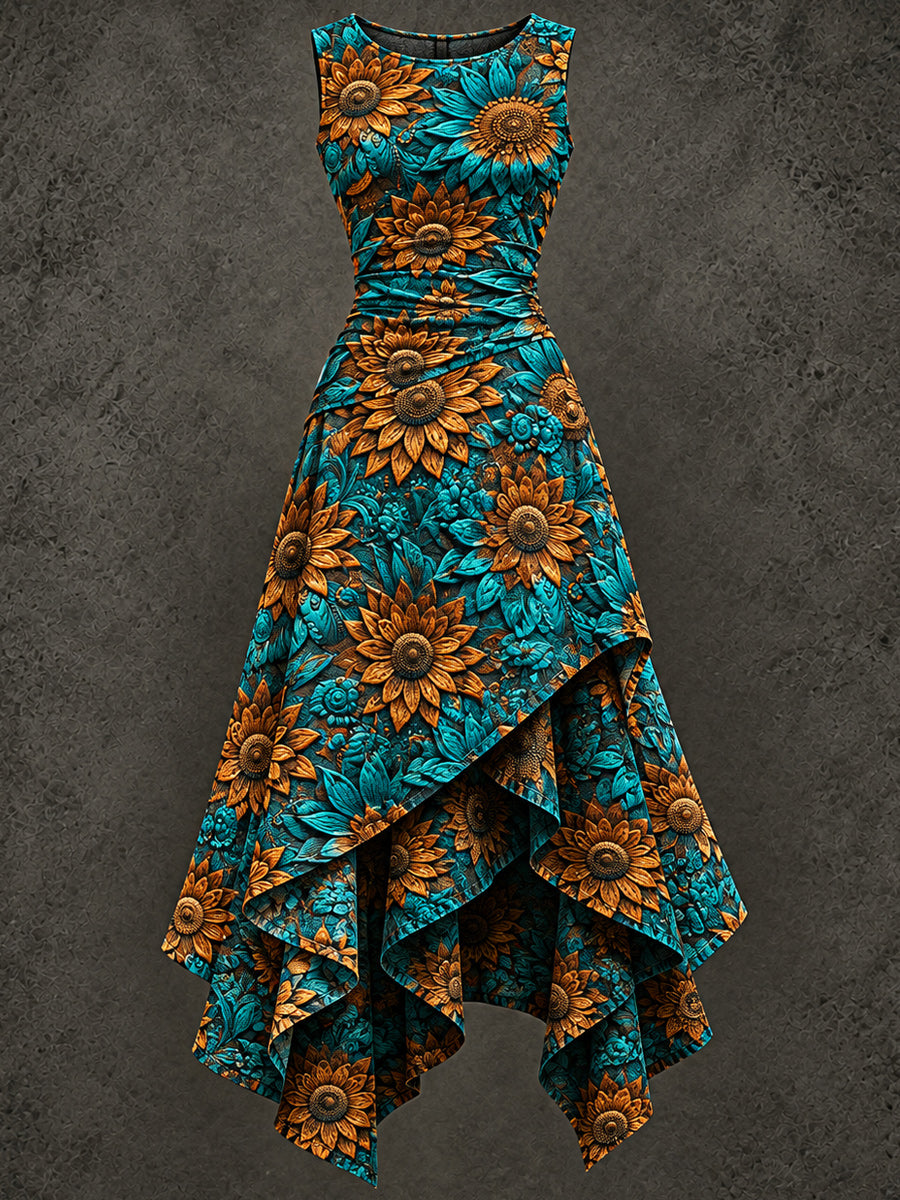 Retro Art Printed Vintage Sleeveless Irregularly Layered Stitched Midi Dress