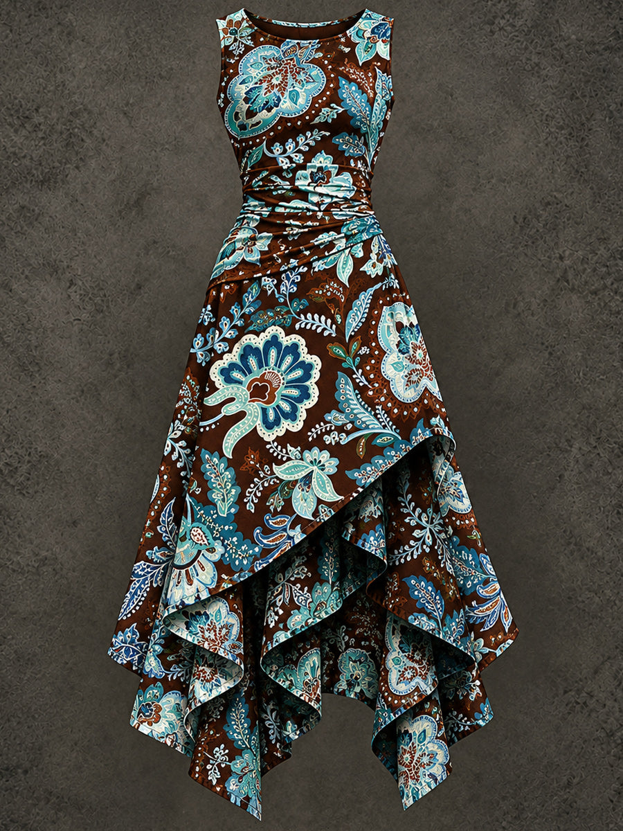 Retro Art Printed Vintage Sleeveless Irregularly Layered Stitched Midi Dress