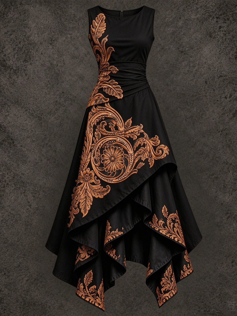 Retro Art Printed Vintage Sleeveless Irregularly Layered Stitched Midi Dress