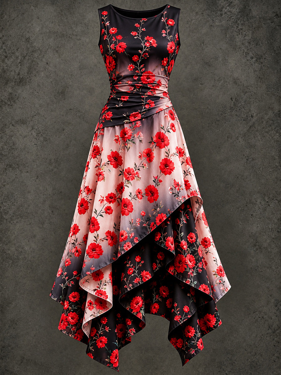Retro Art Printed Vintage Sleeveless Irregularly Layered Stitched Midi Dress