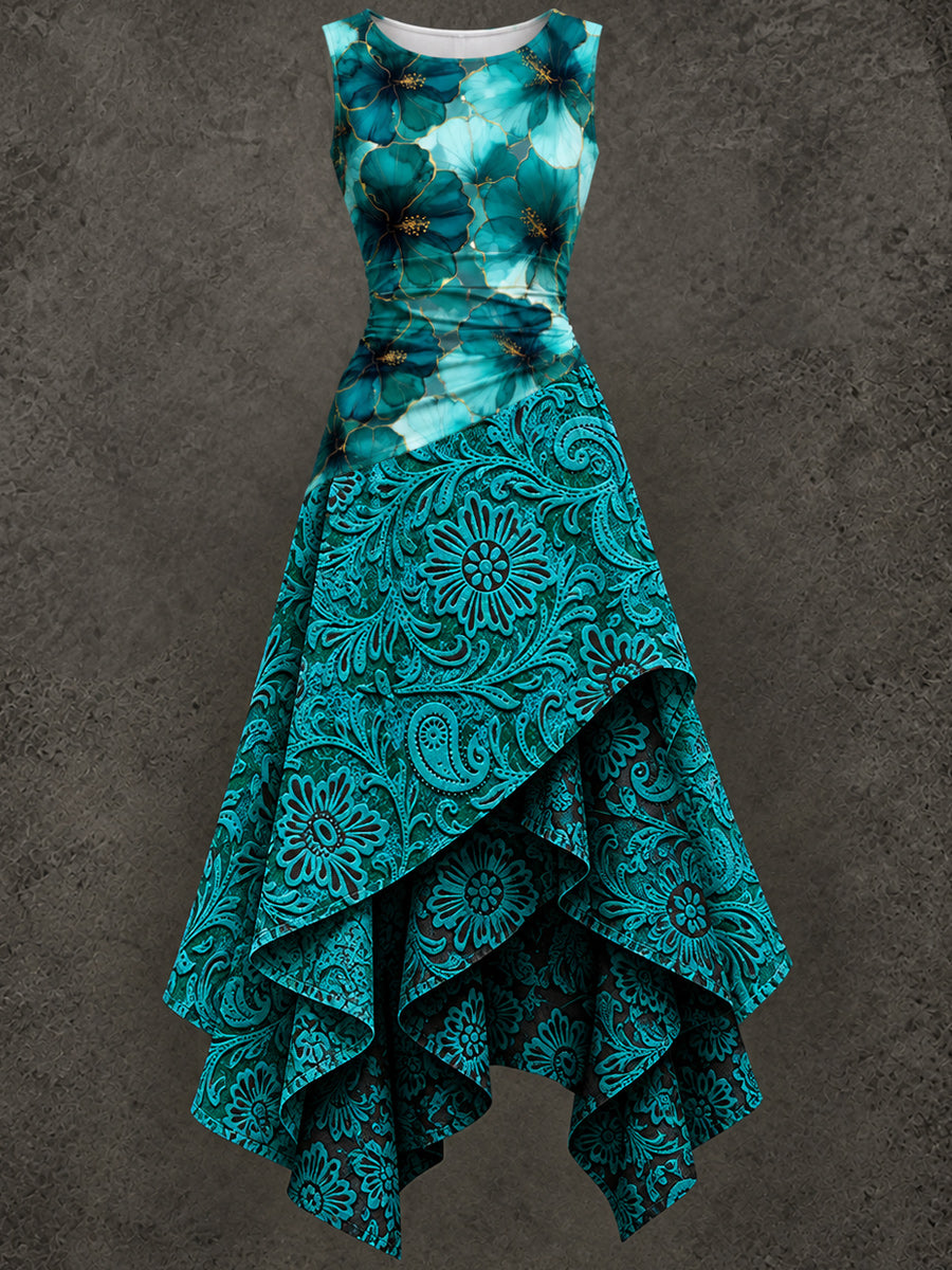 Retro Art Printed Vintage Sleeveless Irregularly Layered Stitched Midi Dress