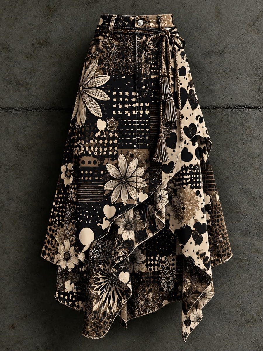 Women's Retro Style Art Print Irregularly Layered Stitched Skirt