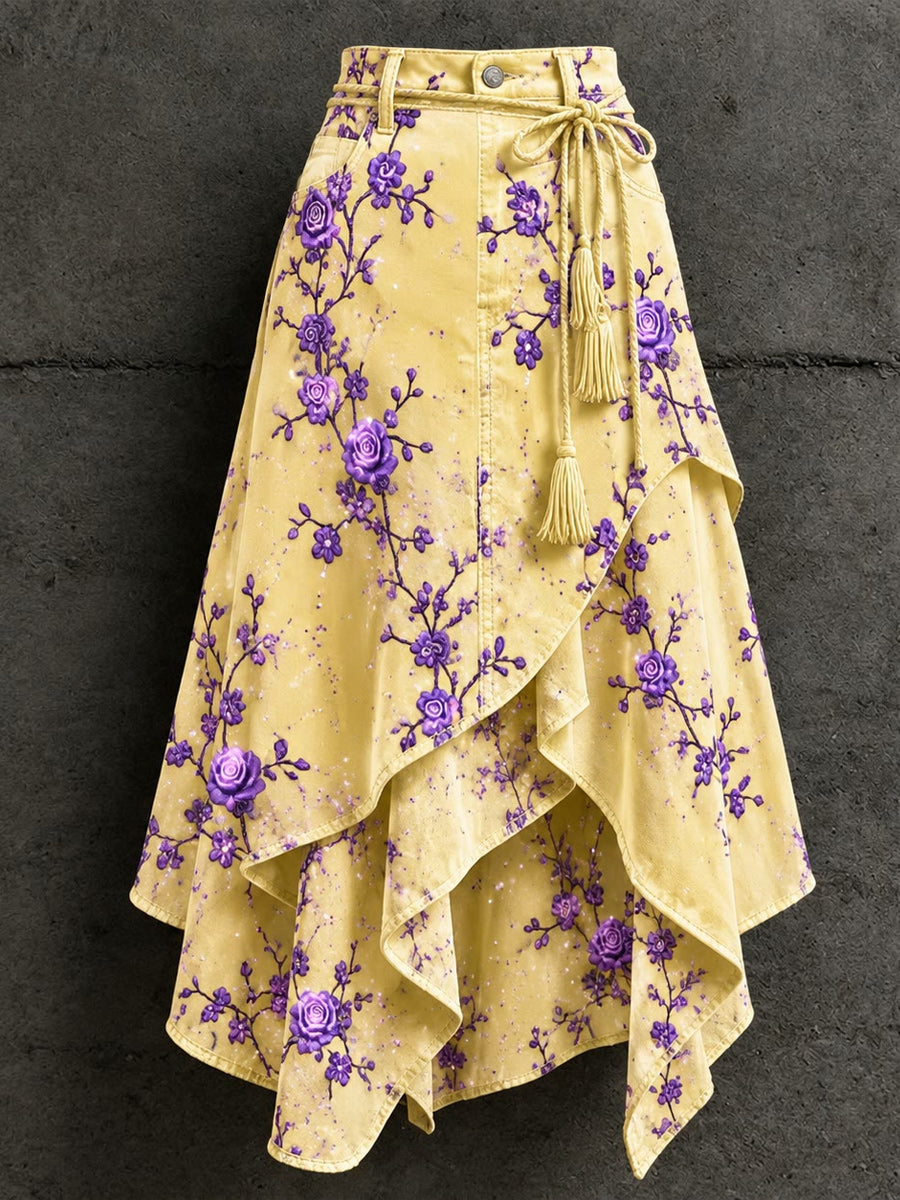 Women's Retro Style Art Print Irregularly Layered Stitched Skirt