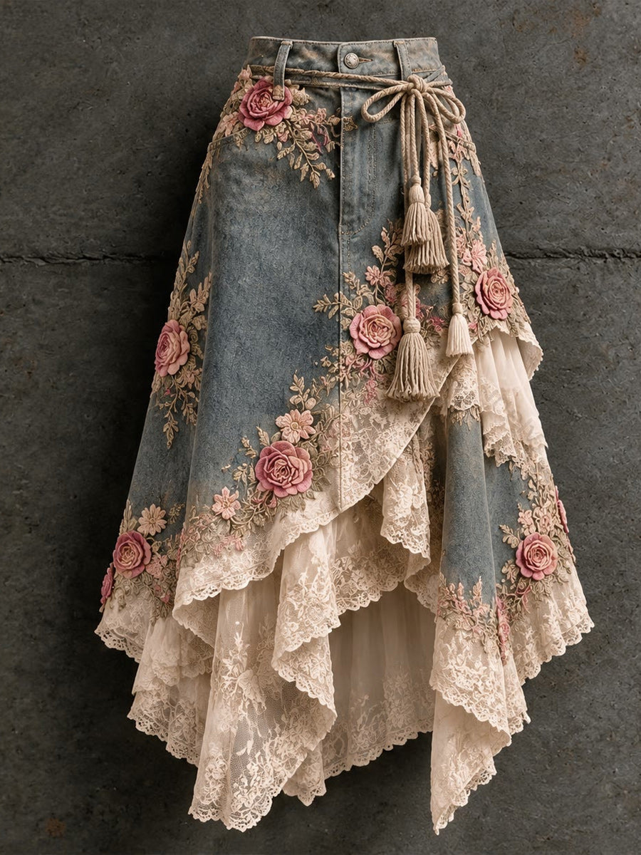 Women's Retro Style Art Print Irregularly Layered Stitched Skirt