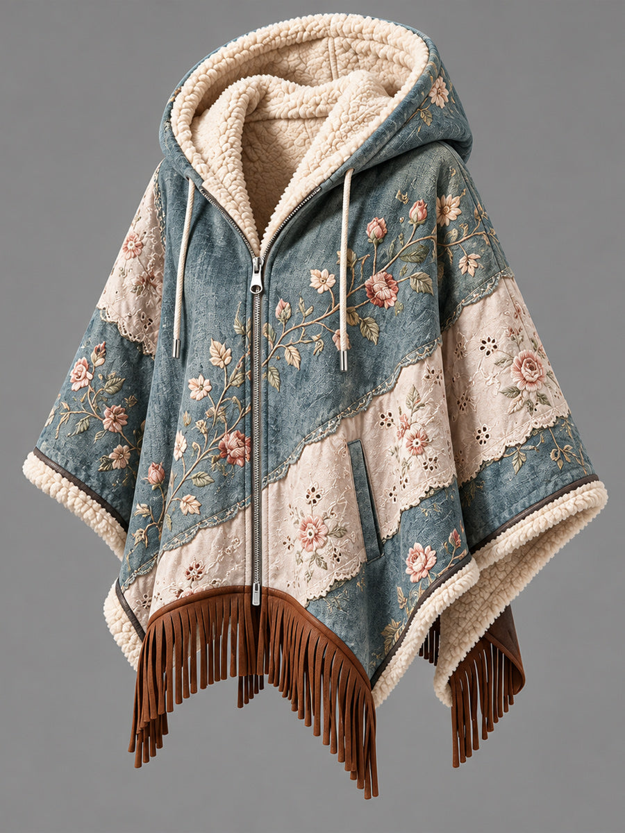 Women's Fall Winter Vintage Art Fleece-Lined Hooded Fringe Poncho