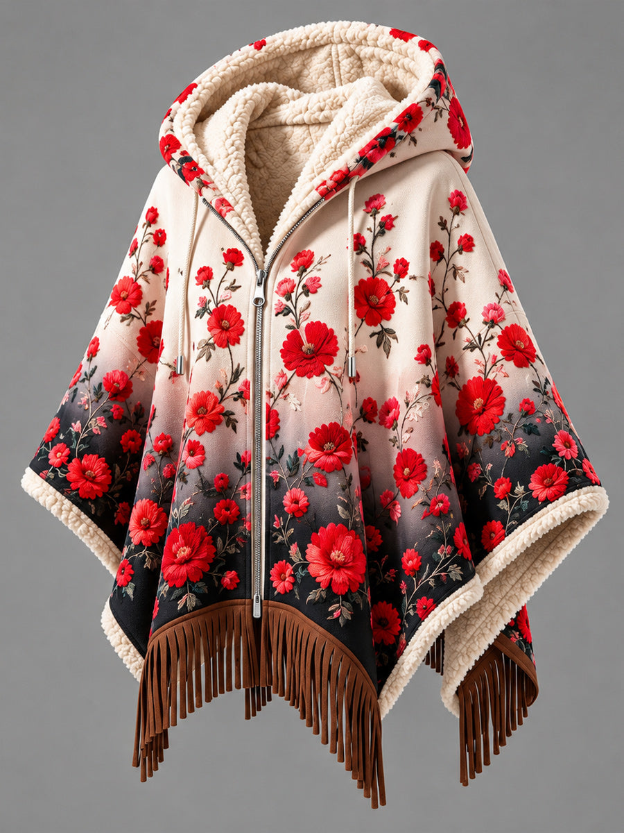 Women's Fall Winter Vintage Art Fleece-Lined Hooded Fringe Poncho