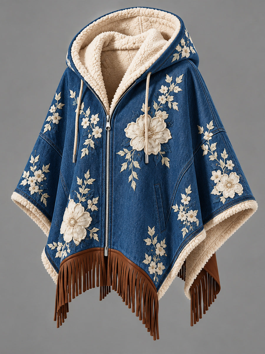 Women's Fall Winter Vintage Art Fleece-Lined Hooded Fringe Poncho