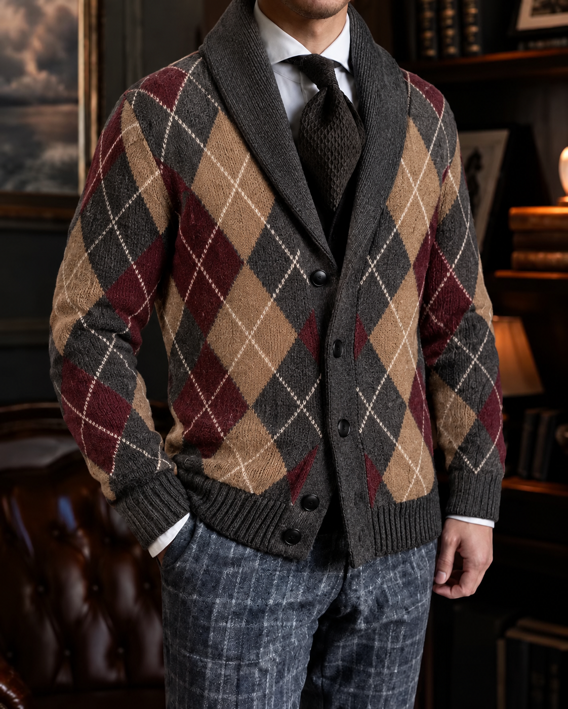 Men's Fall Winter Vintage Art Print Shawl Collar Button-Up Knit Cardigan