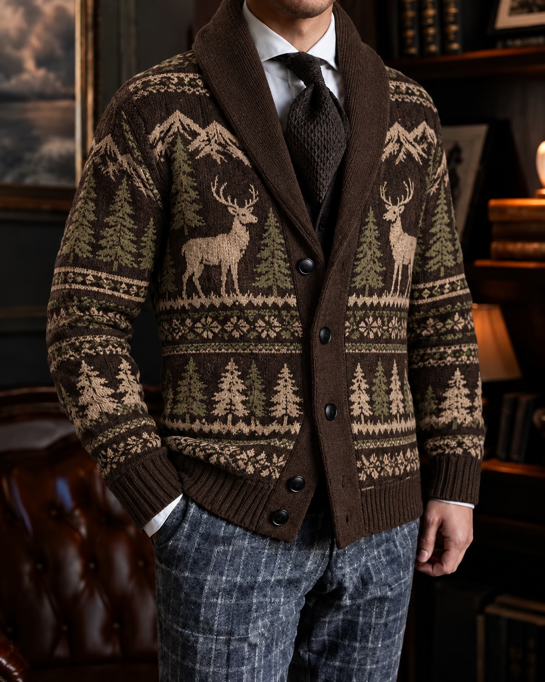 Men's Fall Winter Vintage Art Print Shawl Collar Button-Up Knit Cardigan