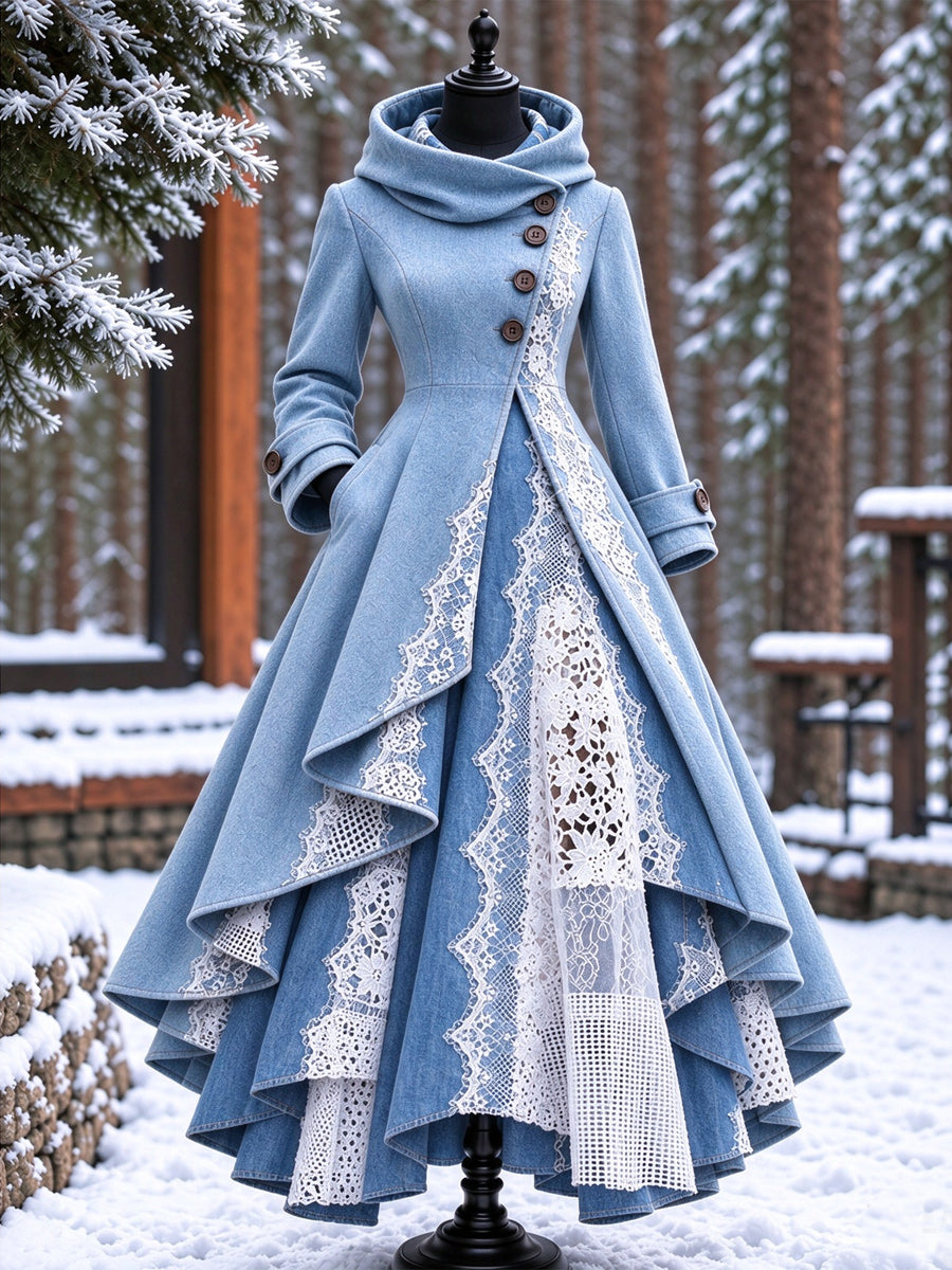 Women’s Vintage High-Collar Asymmetrical Double-Layer Hem Long Maxi Coat