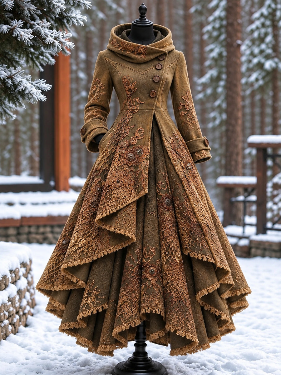 Women’s Vintage High-Collar Asymmetrical Double-Layer Hem Long Maxi Coat
