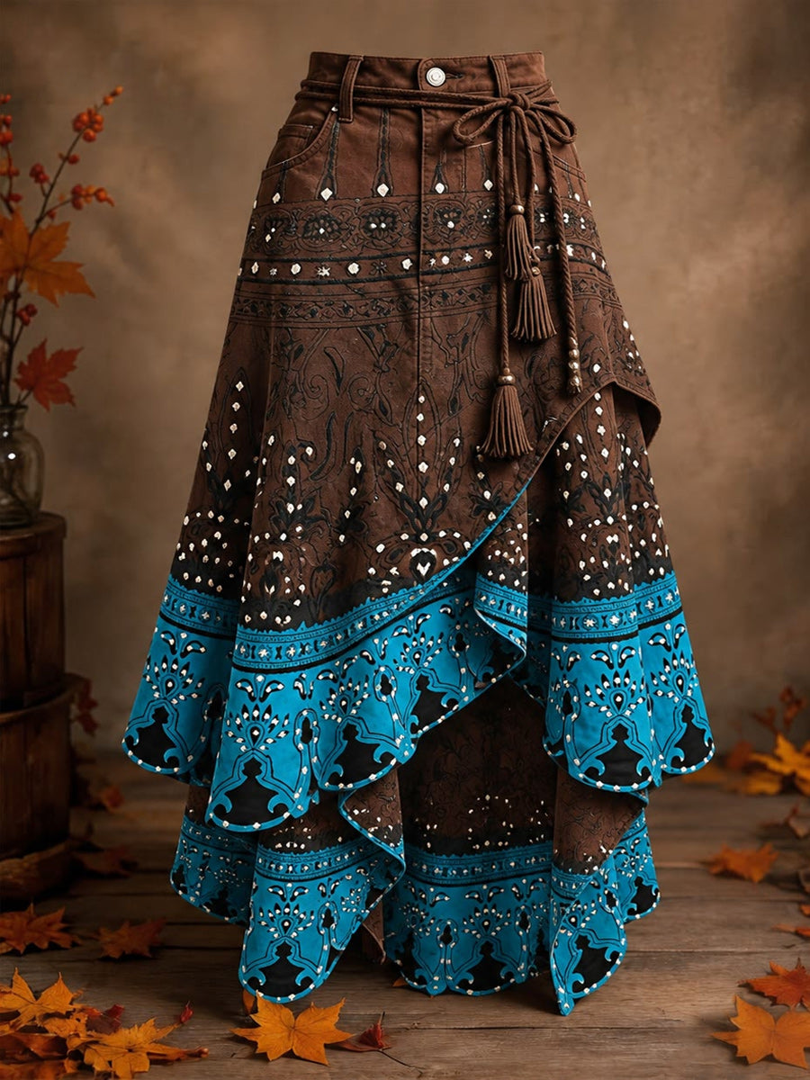 Women's Retro Style Art Print Irregularly Layered Stitched Skirt