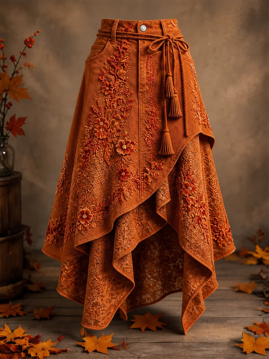 Women's Retro Style Art Print Irregularly Layered Stitched Skirt