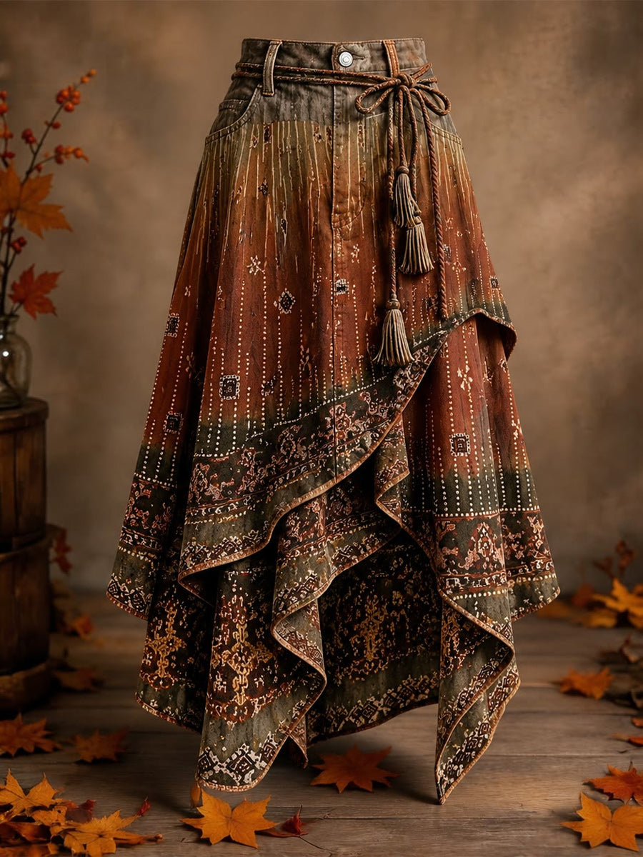 Women's Retro Style Art Print Irregularly Layered Stitched Skirt