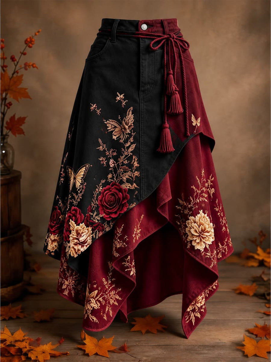 Women's Retro Style Art Print Irregularly Layered Stitched Skirt