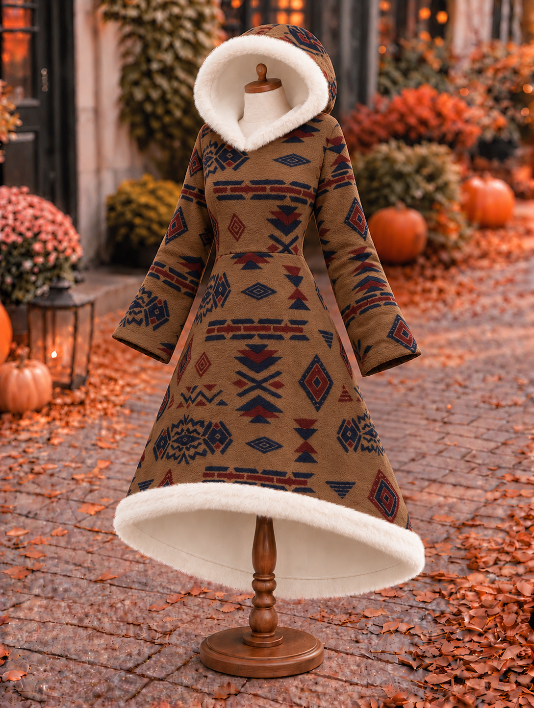 Women's Fall Winter Vintage Art Print Plush Trim Hooded Flared Maxi Dress