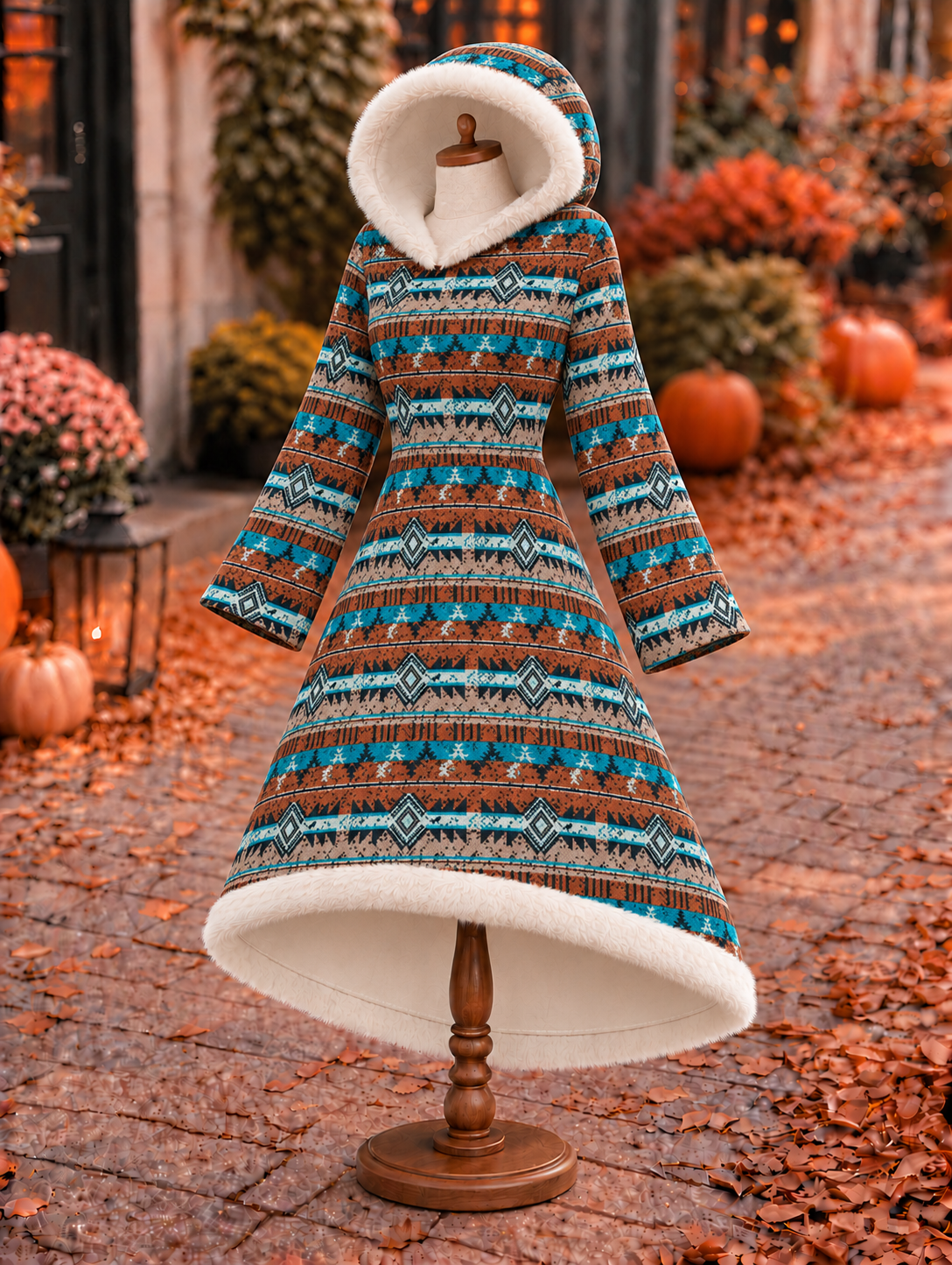 Women's Fall Winter Vintage Art Print Plush Trim Hooded Flared Maxi Dress