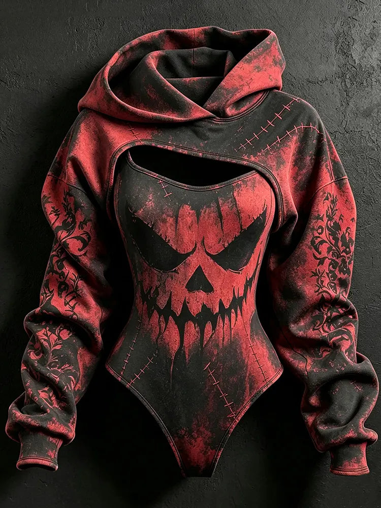 Women's Retro Halloween Emoji Tie-dye Print Hoodie Two-piece Set