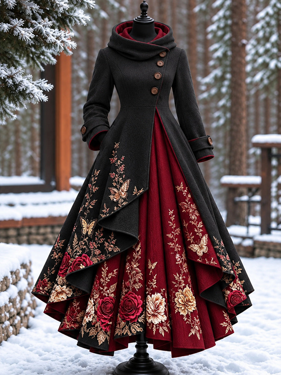 Women’s Vintage High-Collar Asymmetrical Double-Layer Hem Long Maxi Coat