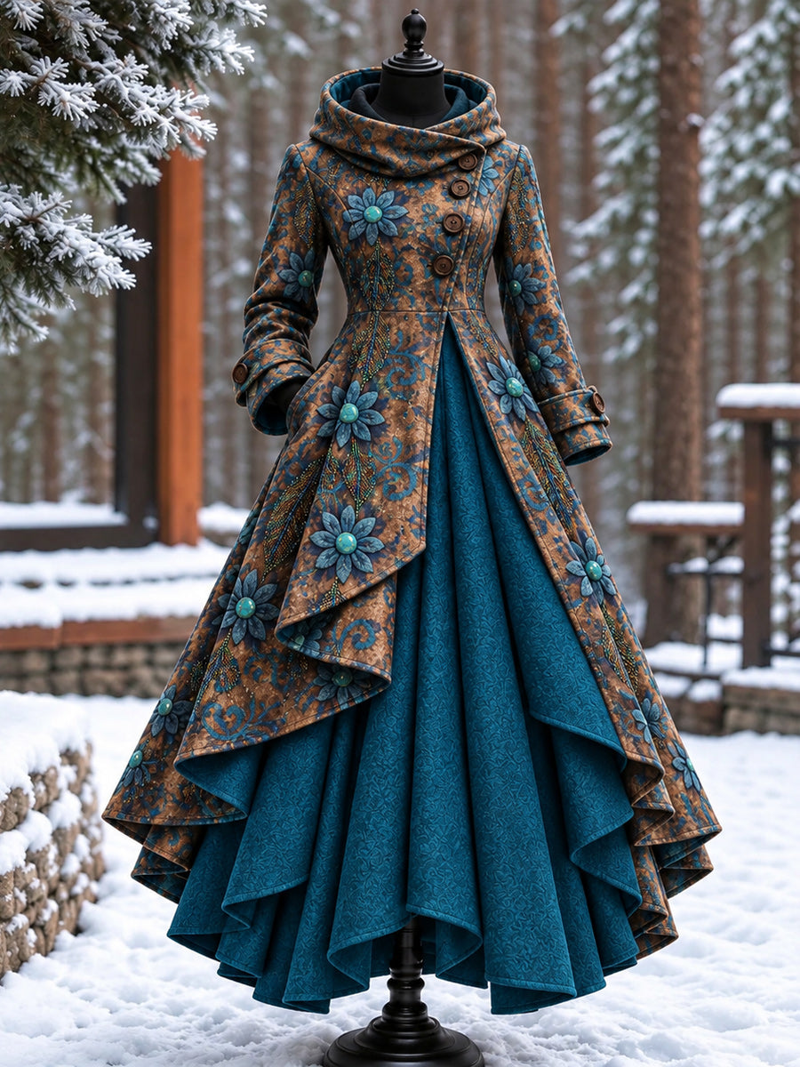 Women’s Vintage High-Collar Asymmetrical Double-Layer Hem Long Maxi Coat
