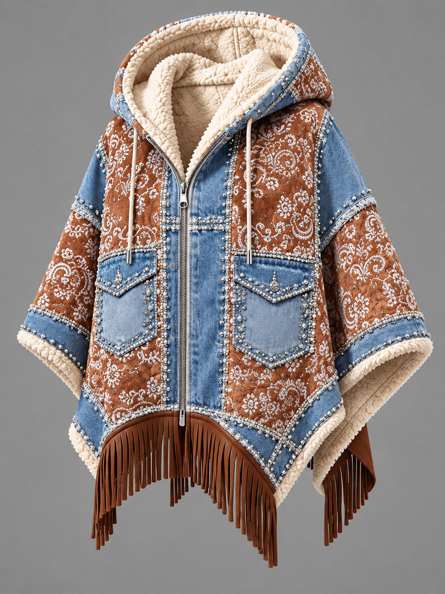Women's Fall Winter Vintage Art Fleece-Lined Hooded Fringe Poncho