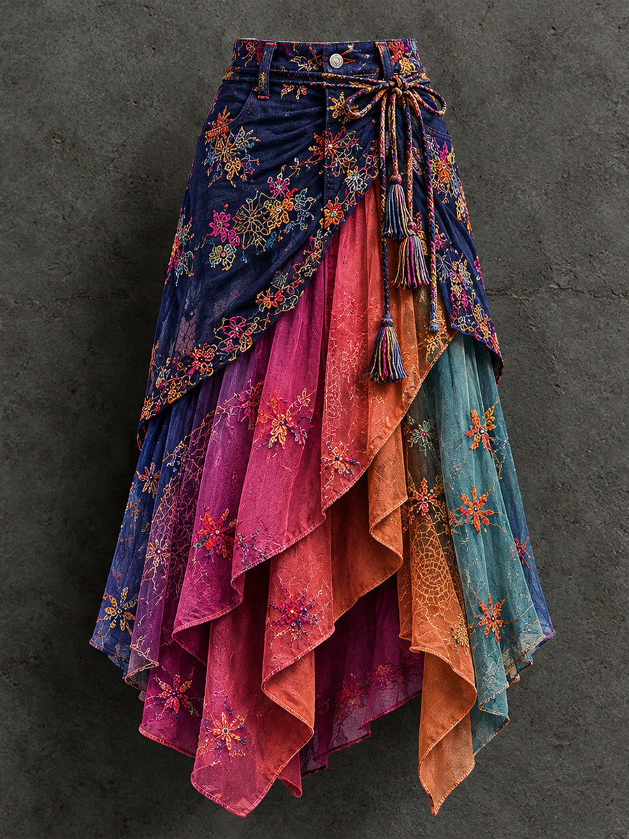 Women's Retro Style Art Print Irregularly Layered Stitched Skirt