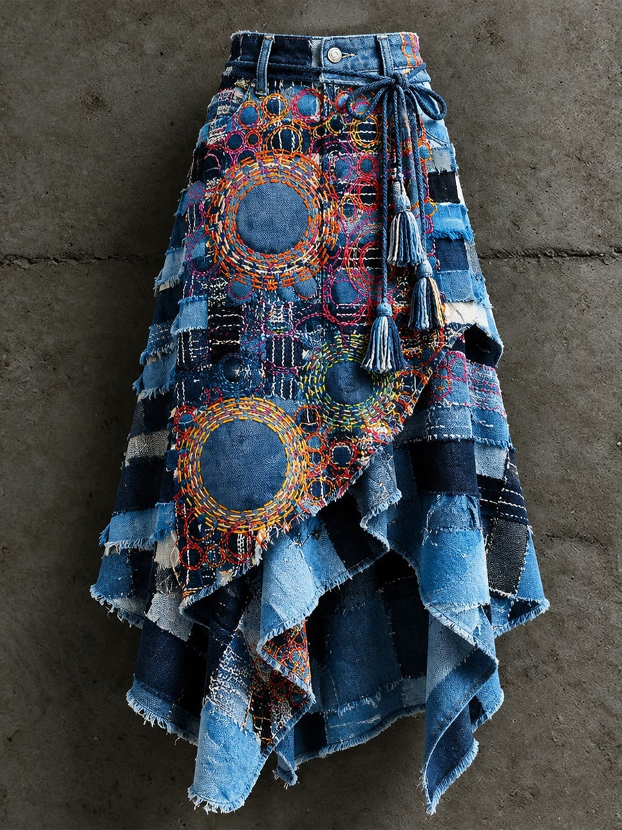 Women's Retro Style Art Print Irregularly Layered Stitched Skirt