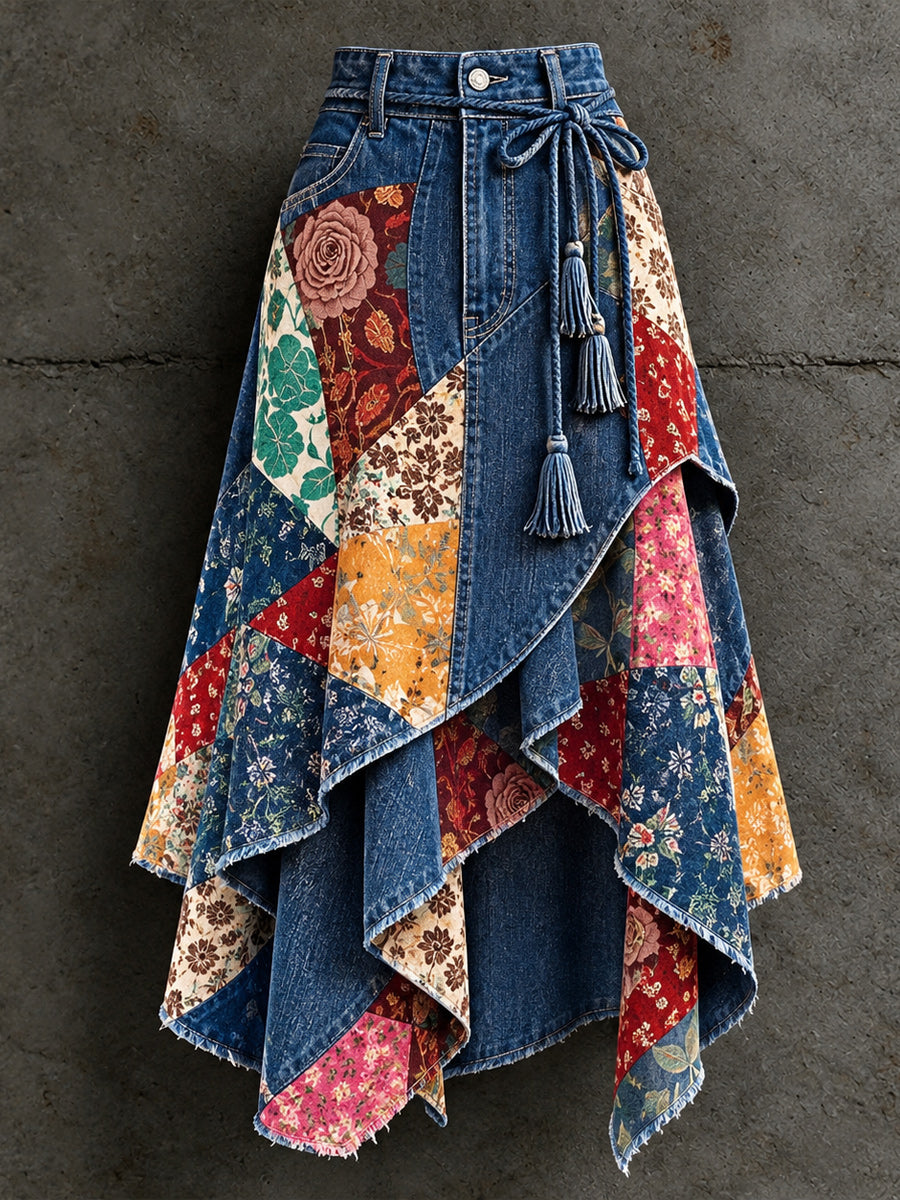 Women's Retro Style Art Print Irregularly Layered Stitched Skirt