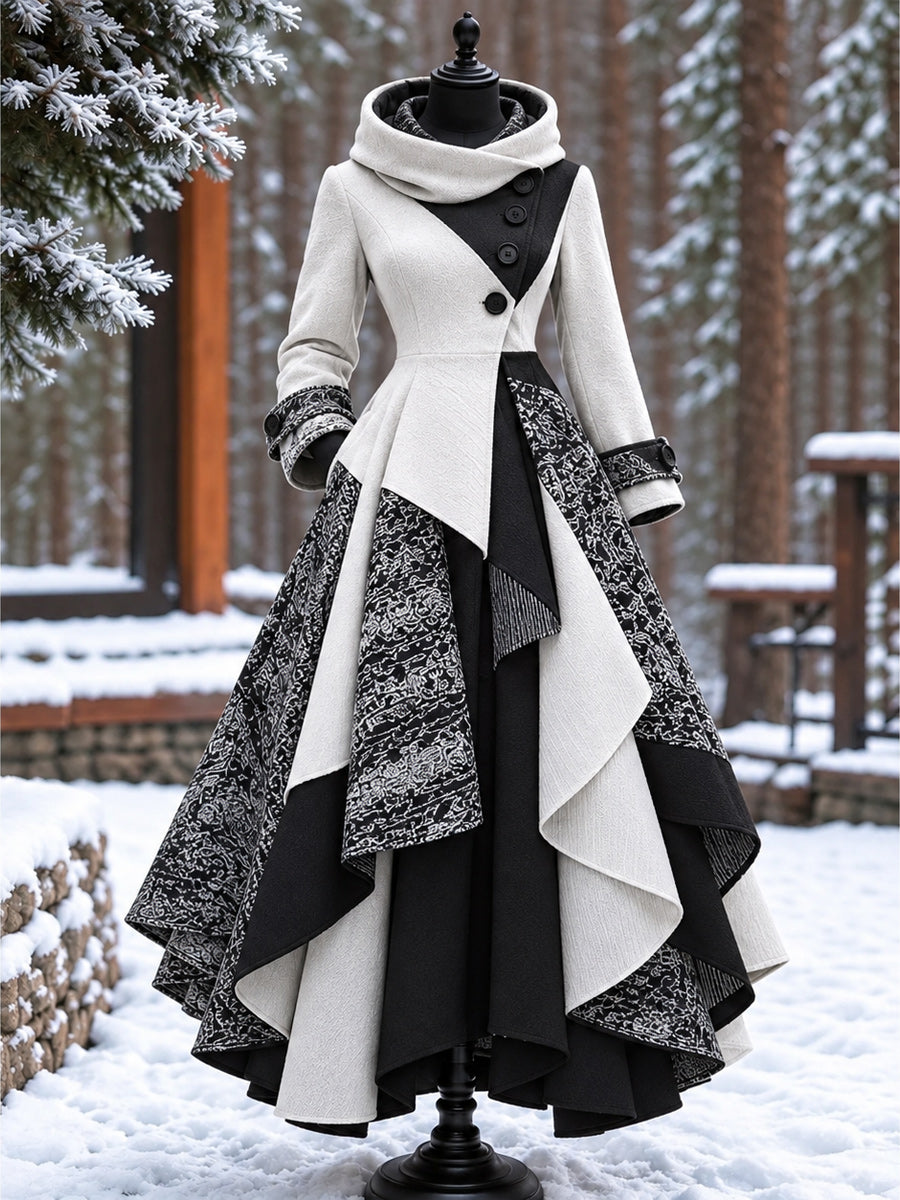 Women’s Vintage High-Collar Asymmetrical Double-Layer Hem Long Maxi Coat