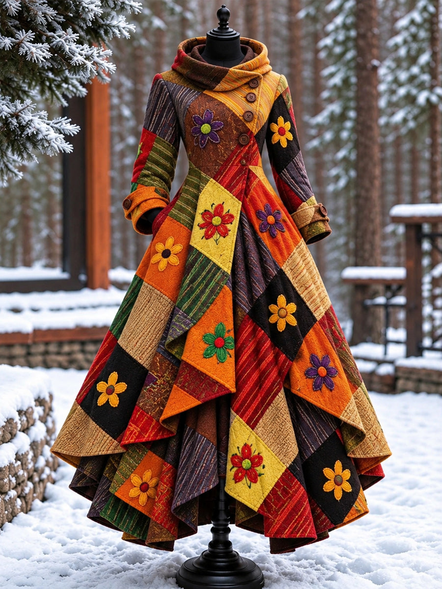 Women’s Vintage High-Collar Asymmetrical Double-Layer Hem Long Maxi Coat