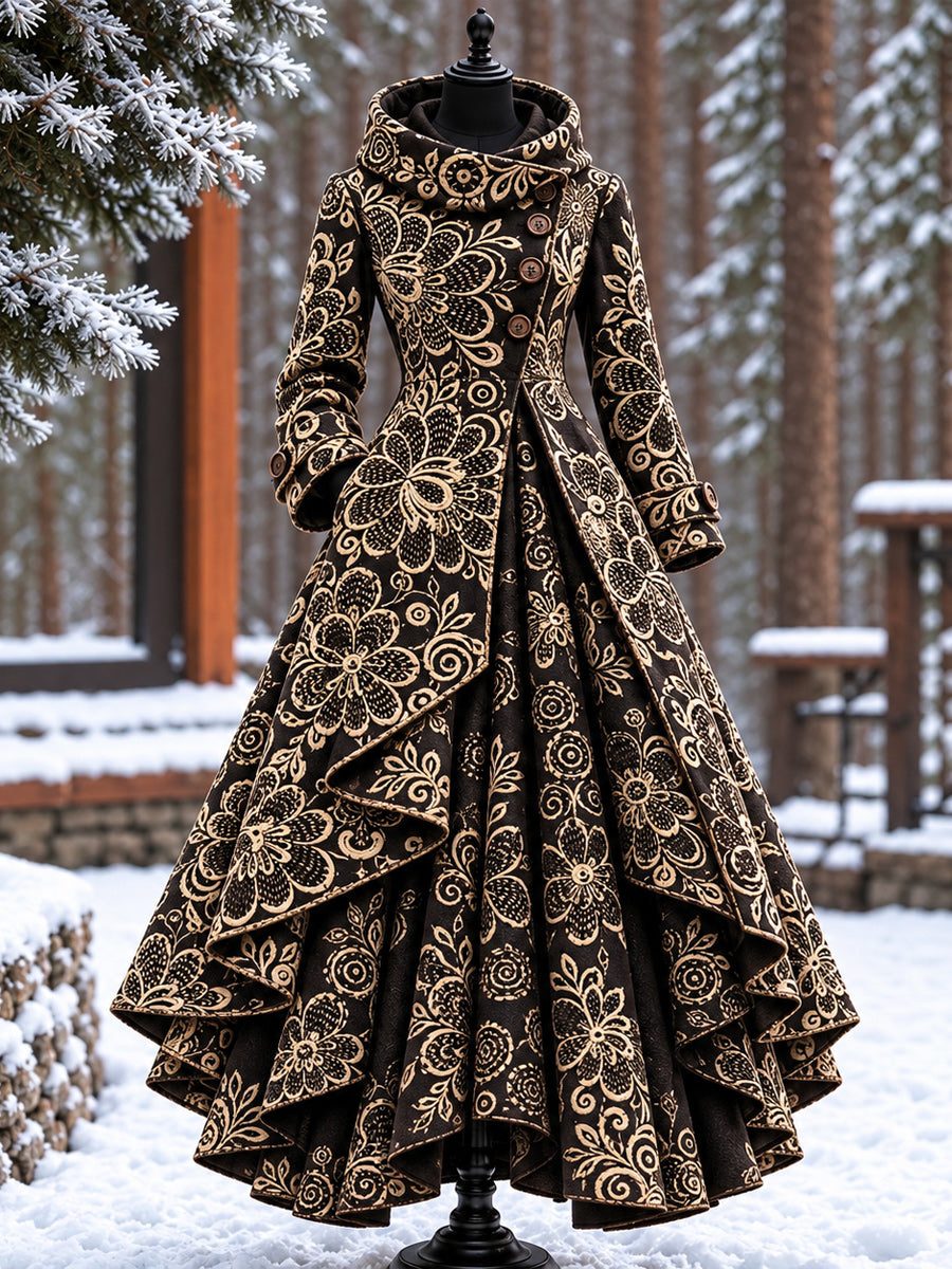 Women’s Vintage High-Collar Asymmetrical Double-Layer Hem Long Maxi Coat