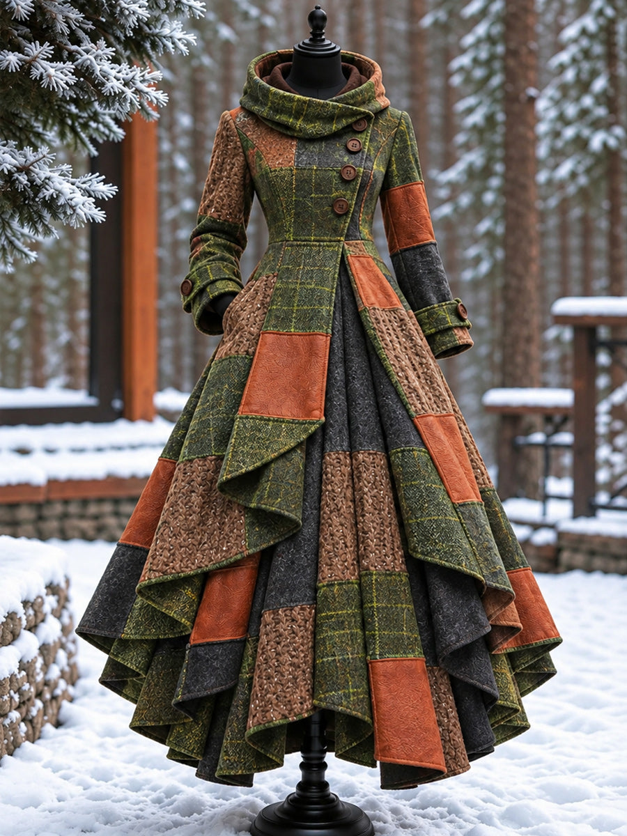 Women’s Vintage High-Collar Asymmetrical Double-Layer Hem Long Maxi Coat