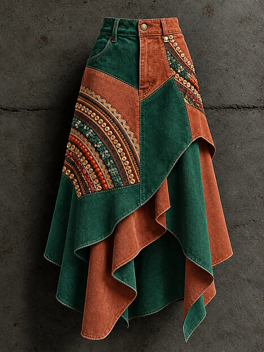 Women's Retro Style Art Print Irregularly Layered Stitched Skirt