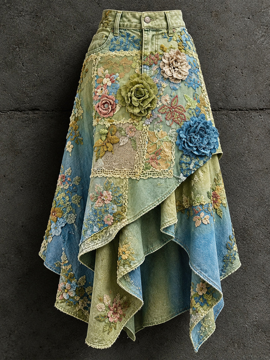 Women's Retro Style Art Print Irregularly Layered Stitched Skirt