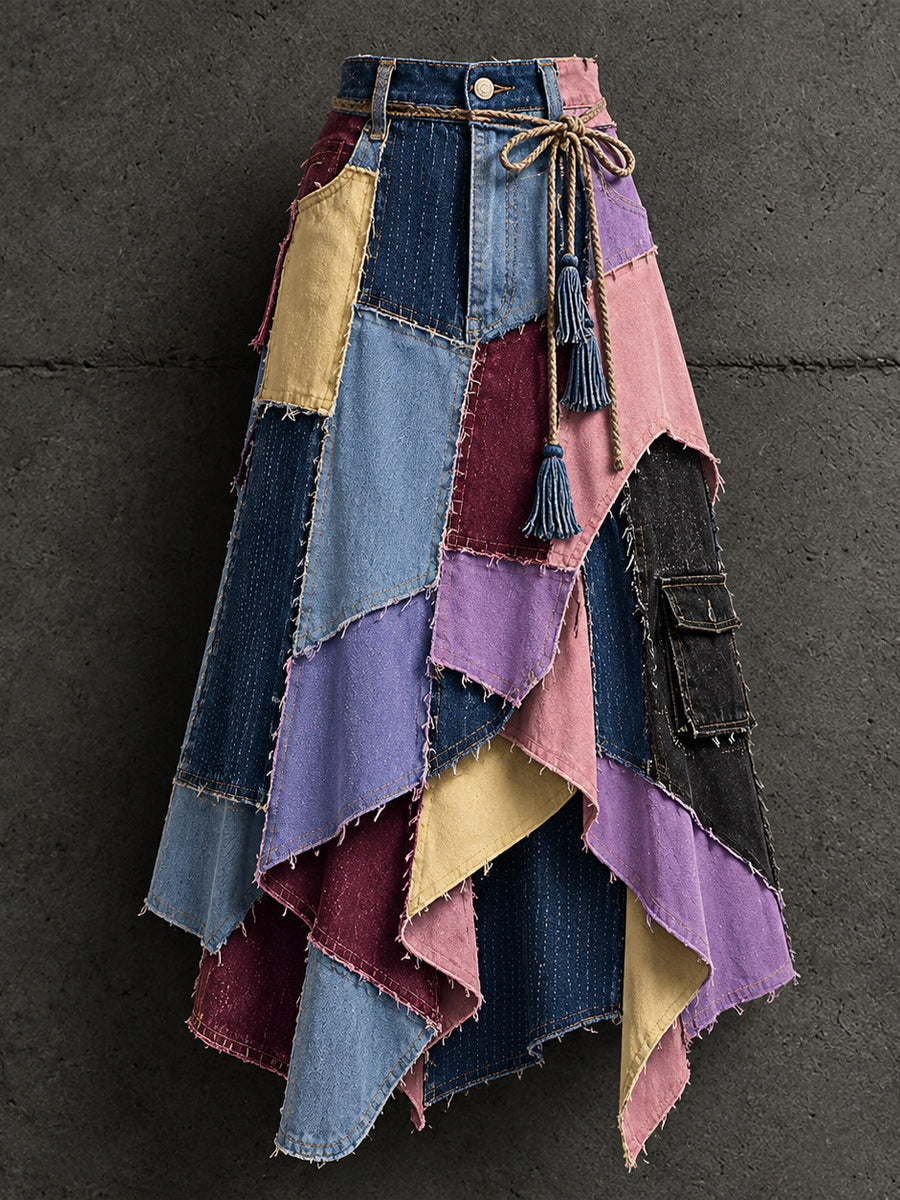 Women's Retro Style Art Print Irregularly Layered Stitched Skirt
