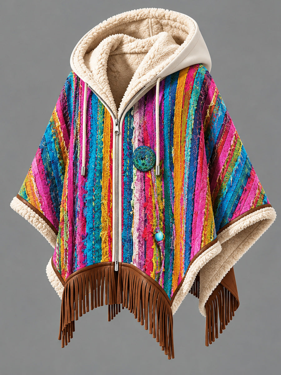 Women's Fall Winter Vintage Art Fleece-Lined Hooded Fringe Poncho
