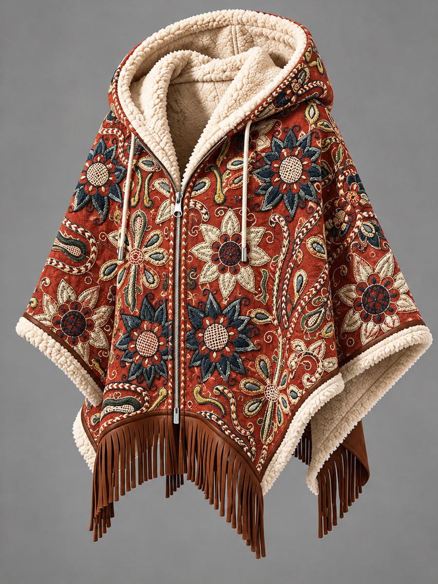 Women's Fall Winter Vintage Art Fleece-Lined Hooded Fringe Poncho